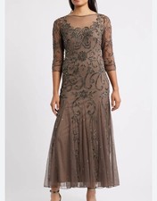Pisarro Nights Dress Women's Deep Mocha Sz 2 Beaded Illusion Neck Gown