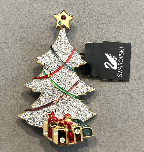 SWAROVSKI Christmas Tree w/Present Crystal Rhinestone Swan Signed Pin Brooch NWT - Picture 4 of 8