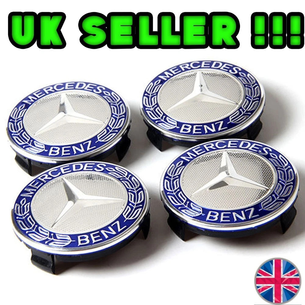 4x Tappi Centrali Cerchi in Lega Blu Mercedes Benz 75mm Distintivi Emblema Mozzo