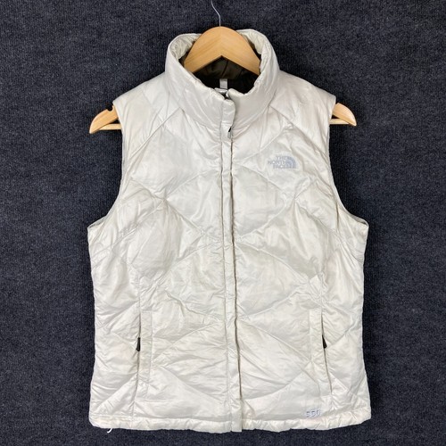 The North Face Womens 550 Puffer Vest Size M Cream Sleeveless Full Zip Winter