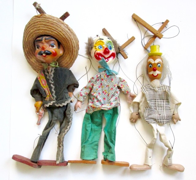 LOT 3 Vtg Puppets Mexican Bandit Clown Painted Bisque Heads