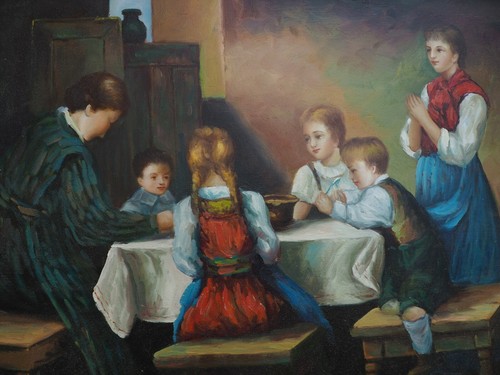 Familienidylle Kinder am Esstisch, Ölgemälde auf Holz, sign. Kollmann - Bild 3 von 6