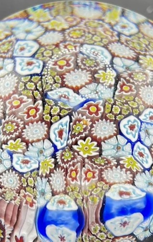 Murano Millefiori Art Glass Paperweight Blue & Brown Floral Concentric Design - Picture 9 of 9