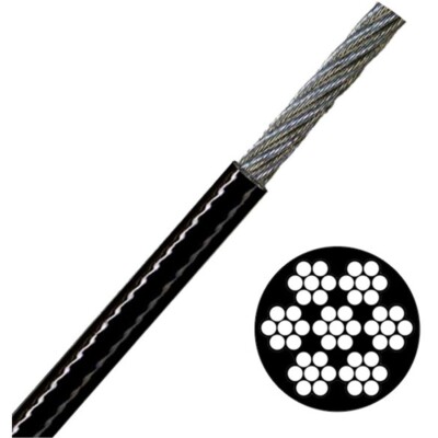 Black Vinyl 304 Stainless Steel Cable 1/16'' Coated to 3/32'' Dia., Made in Korea