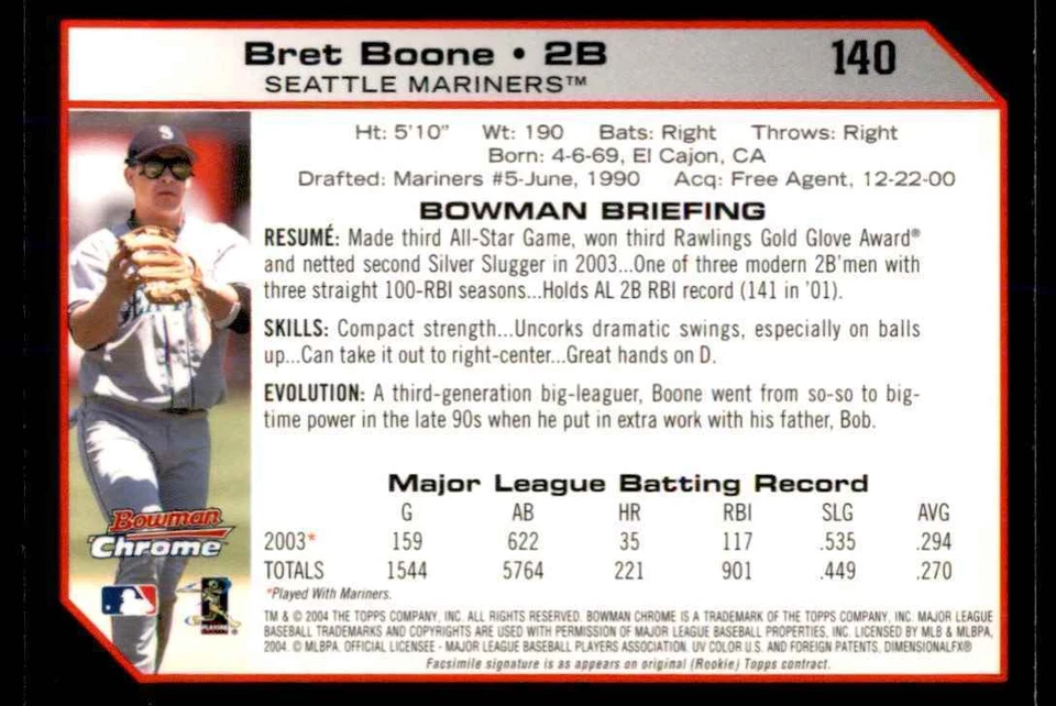 2004 Bowman Chrome Bret Boone Seattle Mariners #140. - Image 2 of 2