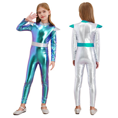 Kids Girls Unitard Cosplay Rompers Space Leotard Silver Jumpsuit