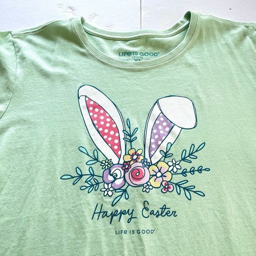 Life is Good Green Easter Bunny Flowers Short Sleeve Crew Neck Crusher Tee XL