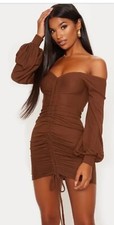 Yissang Size M Bodycon Dress  Long  Sleeve Brown Off Shoulder Mesh Tie Stretchy