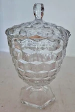 Vintage Fostoria America Covered Candy Dish ~ Footed ~Cube Design~ 7" Tall ~ EUC