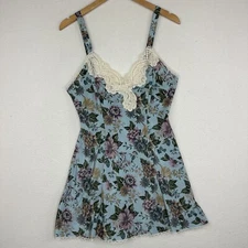 Vintage Val Mode Light Blue Floral Nightgown Medium Negligee Lace Dress Slip USA
