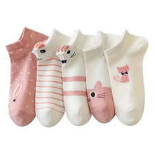 Cute Animal Socks Low Cut Ankle White Pink Womens Stockings Hosiery 5 Pair Lot