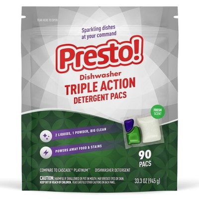 Presto! Triple Action Dishwasher Pacs Fresh Scent 90 Ct - Powerful Cleaning Tabs