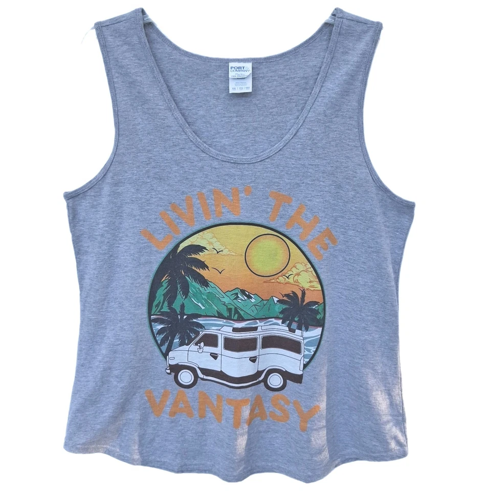 Camiseta sin mangas Living The Vantasy para mujer talla 1-2X gris Van Life Shirt Port Authority Foto 2 de 4