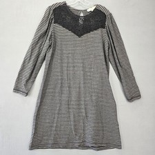 Loft Gray Dress Preppy Midi Black Striped Shift 3/4 Sleeves Lace Scoop Women's M