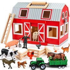 Wooden Barn Toys, Play Barn with 12 Animal Play Figures for 3 Years Old, Bar...