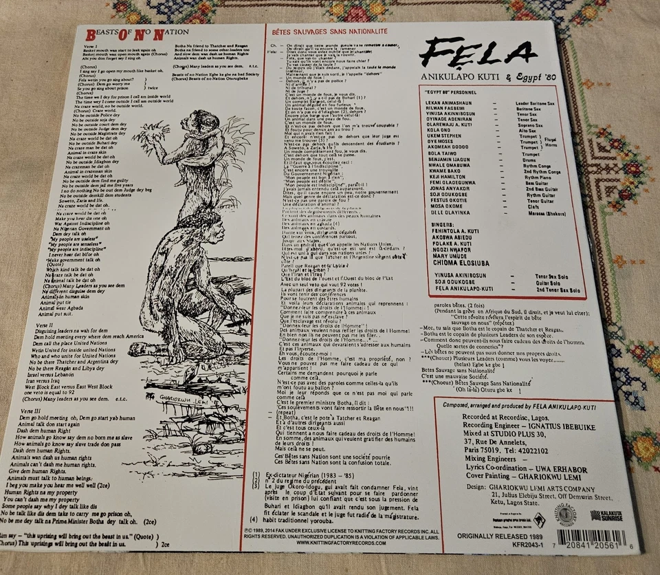 FELA KUTI & EGYPT 80 Beasts Of No Nation KFR20431 Knitting Fac US Vinyl Record - Image 3 of 4