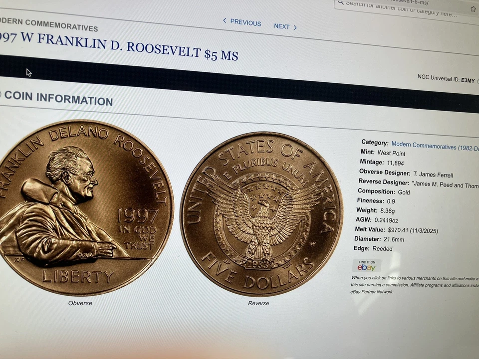 1997 W $5 PCGS MS69 F.D.R. REAGAN LEGACY SERIES - Image 3 of 3