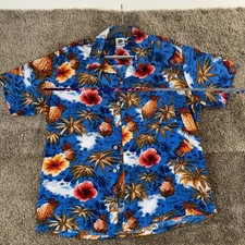 Kennington Vintage Aloha Shirt Mens Size Large- Blue Tropical Hibiscus Pineapple