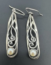 Hagit Gorali 925 Sterling Silver Filigree Pearl Garnet Dangle Drop Earrings 