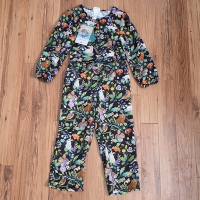NWT H&M Whooli Chen Girls Jumpsuit Forest Animal Rabbit Button Sz 6 Kids Romper