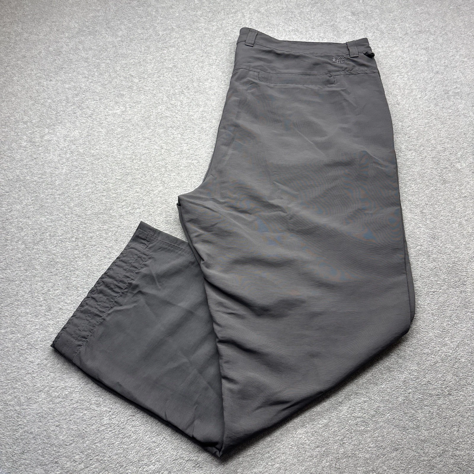 REI Pants Mens 42x30 Relaxed Fit Flat Front Gray Nylon Hiking Outdoor Zip Pocket