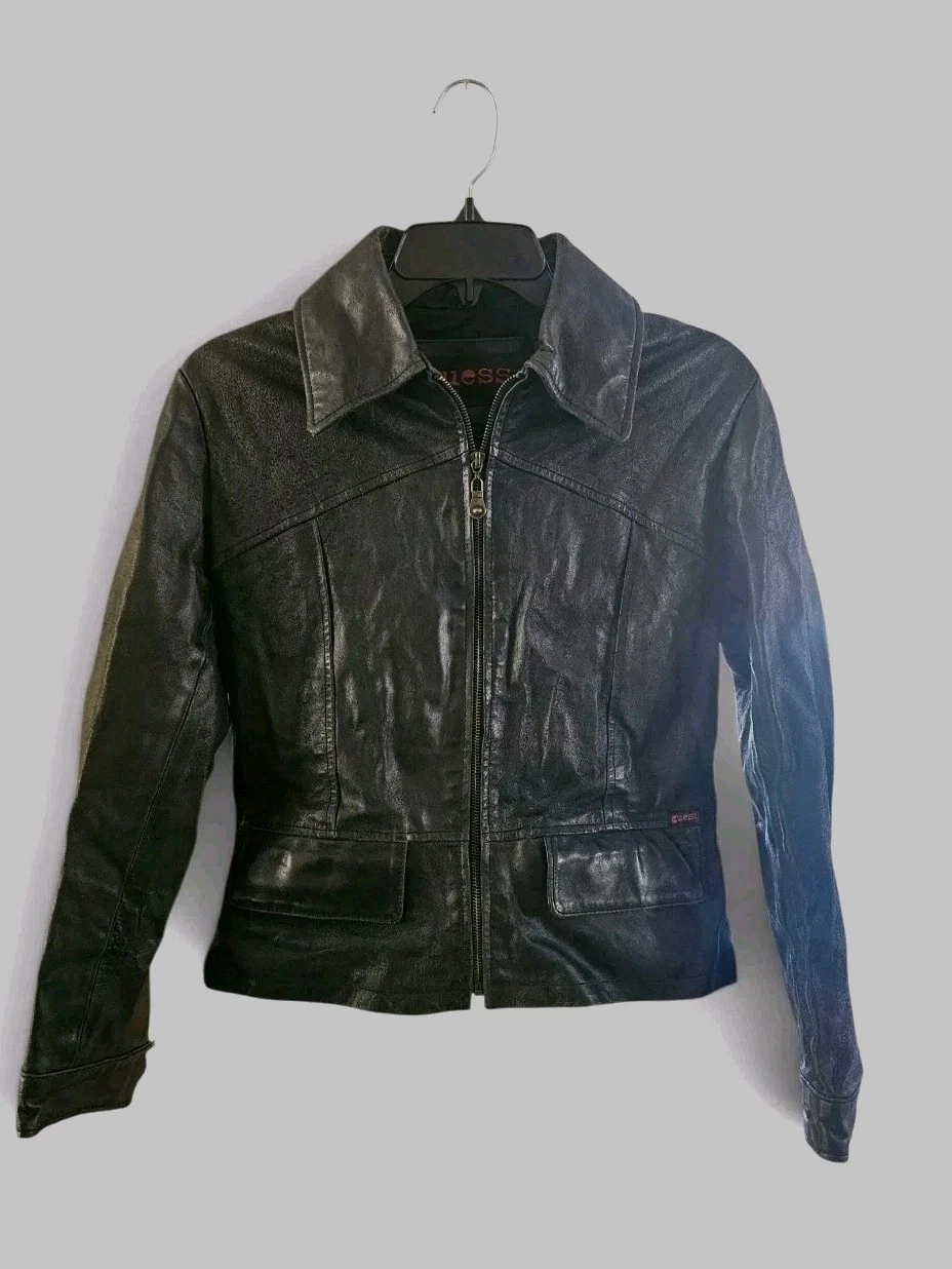 Vintage Guess Genuine Leather Black Motorcycle Jacket Women's S. Front Pockets - product detail image 2