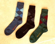 NWOT BURLINGTON 75% Wool ARGYLE SOCKS - 3 Pairs; Blue Black Green - UK 6½ - 11