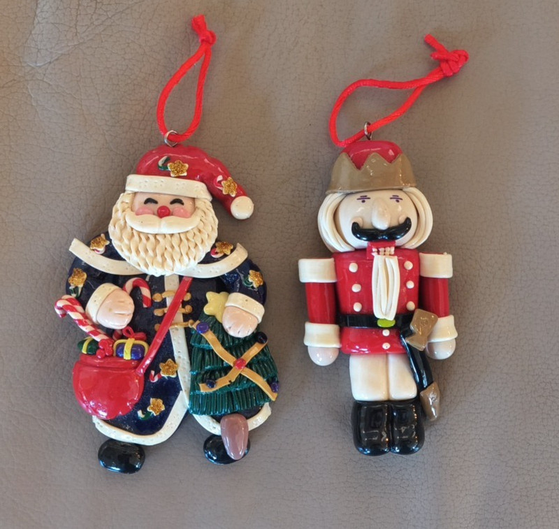 2 Handmade Dough Christmas Ornament 4 5/8 " Nut Cracker & Santa