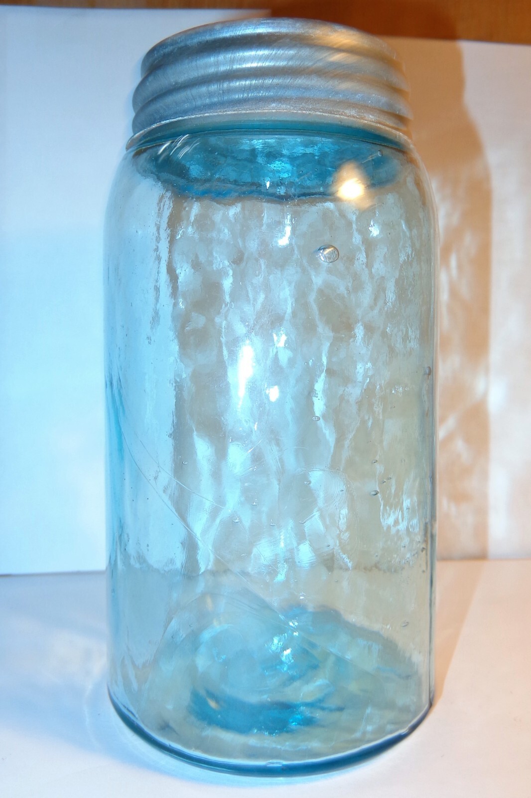 HTF OLD VINTAGE UNMARKED WAVY BLUE GLASS CANNING JAR BALL ZINC LID NO MAKER MARK