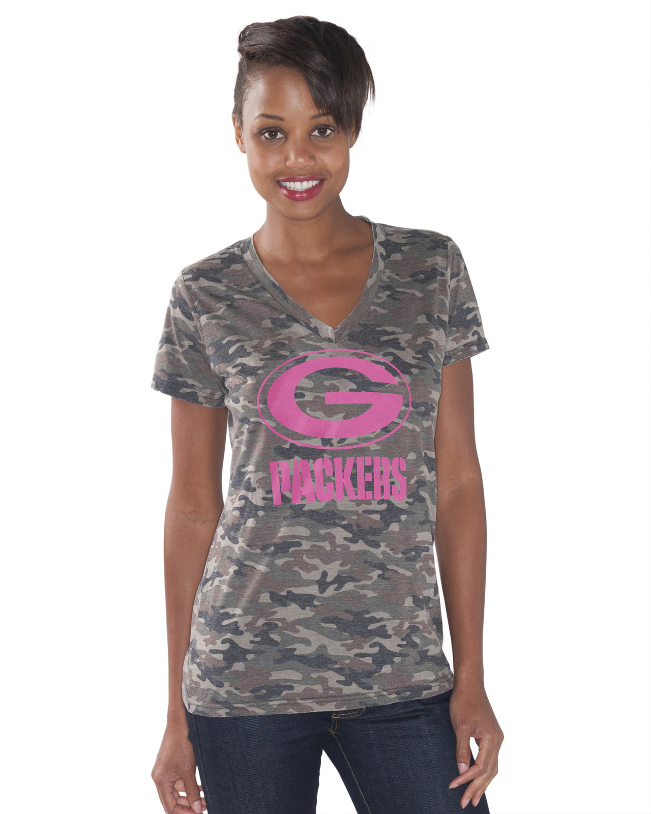 Green Bay Packers Brown Camo Women's V-Neck Tee