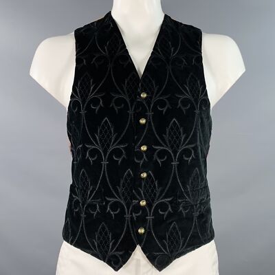 FAVOURBROOK Size 42 Black Gold Embroidery Velvet Button Up Vest
