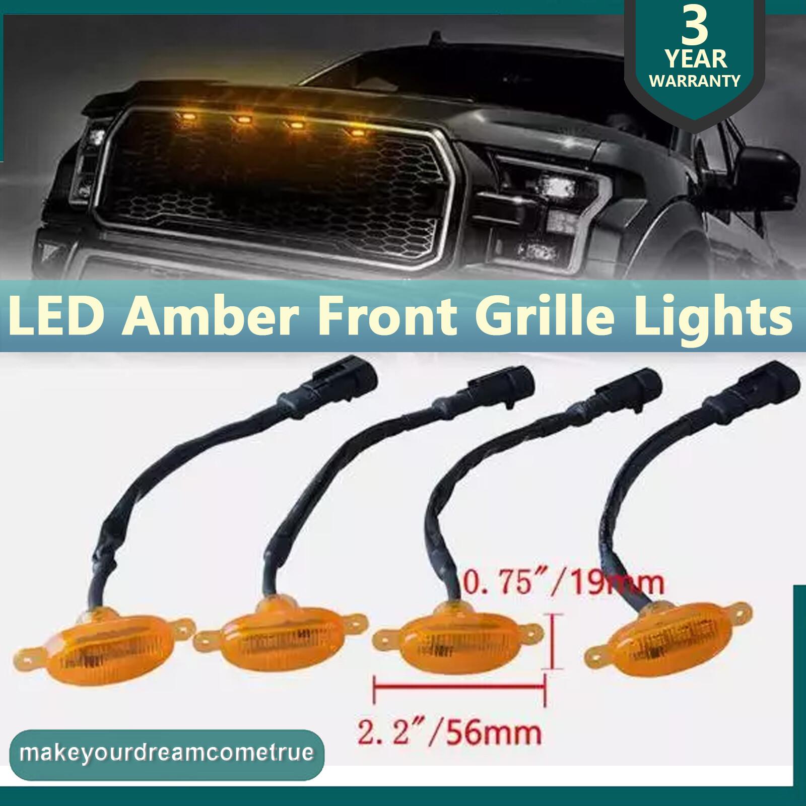 4X Universal For Ford Toyota Truck Raptor Style LED Amber Front Grille Lights