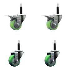 3 Inch SS Green Poly Swivel 3/4 Inch Expanding Stem Caster Set 2 Brakes