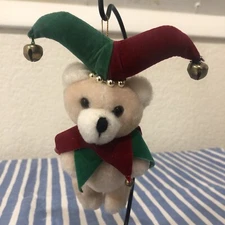 Vintage Chrismas Court Jester Bear Ornament 6" Flocked Holiday Seasonal Bells