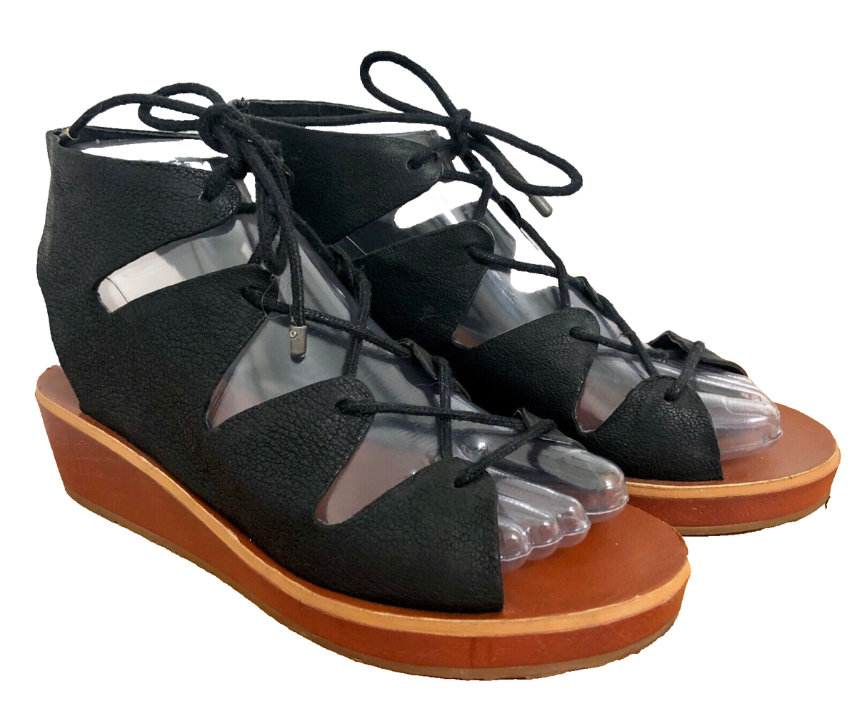 Lucky Brand Women's Sandals Black Leather Wedge Lace Up Open Toe