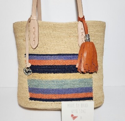 BRIGHTON FERRARA COLLECTION DINA MADAGASCAR RAFFIA & LEATHER TASSEL TOTE NWT$310