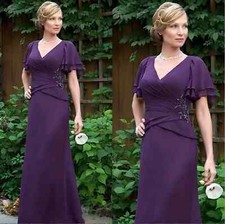Purple Mermaid Mother of the Bride Dress V-Neck Short Sleeves Beaded Party Gowns