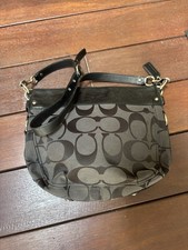 COACH Zoe Signature Black/Gray Hobo Bag Jacquard ZIP Buckle Canvas Leather