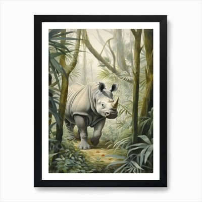 Nashorn in den Bäumen realistische Illustration gerahmtes Wandbild Poster Leinwanddruck Bild