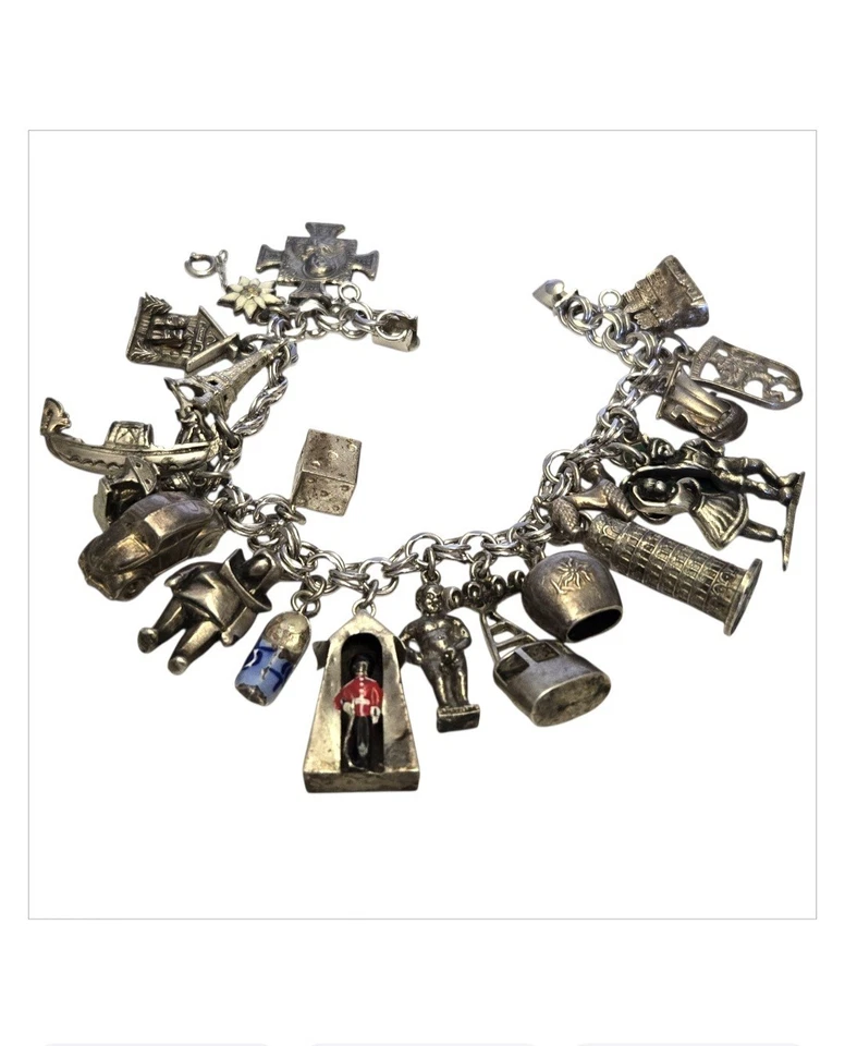 Vintage US and WORLD TRAVEL Sterling Silver CHARM BRACELET 67.5g 21 charms 7"½ - Image 3 of 4