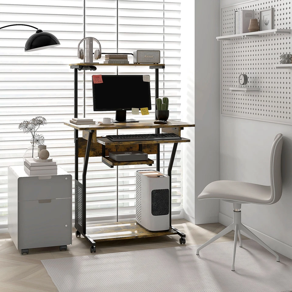 HOMCOM Rolling Computer Desk with Keyboard Tray Storage Shelves Rustic Brown - Image 2 of 4