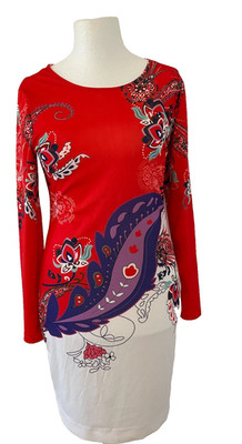 figurbetontes elastisches rot-weißes Etuikleid mit floralem Print, Gr. L