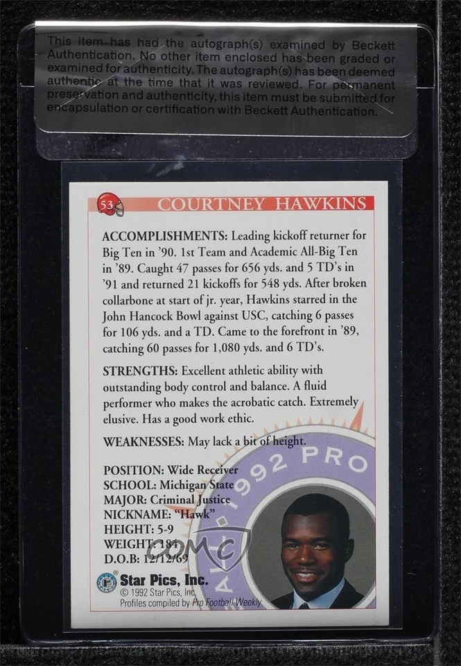 BAS 1992 Star Pics Courtney Hawkins #53 Seal of Authenticity Auto Rookie RC - Image 2 of 2