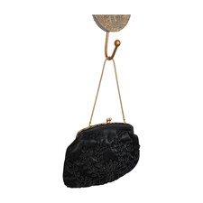 VINTAGE Evening Bag BLACK BEADED Kiss Lock GOLD TONE HARDWARE Made in Hong Kong