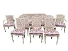 Salotto in stile Luigi XVI  legno intagliato e paglia di Vienna lacca rosa pa...