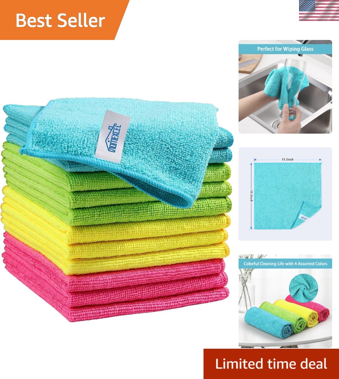 Eco-Friendly 12 Pack Microfiber Cleaning Cloths, 11.5"x11.5" Assorted Colors