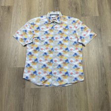 Johnnie O Hangin Out Shirt Mens Medium Blue Yellow Hawaiian Palm Tree Island