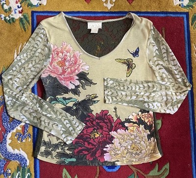 Cache y2k Embellished Beaded Top Mesh Sz M Floral Lace Butterfly Forest Fairy