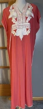 Kaftan Maxi Dress Sz L Orange White Swirly Appliqué Lightweight Made In Morocco
