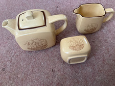 HONITON POTTERY TEAPOT  SUGAR BOWL & MILK JUG DARK  CREAM WITH SHIP PATTERN